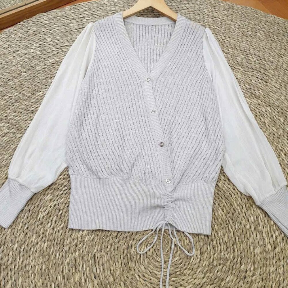 Grey Knit Sheer Puff Sleeve Drawstring Button Cardigan ✨